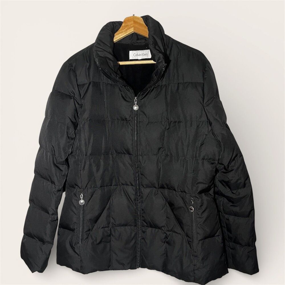 Calvin Klein Down Jacket Womens Large Black Puffer Zip Pockets Mid Length Warm